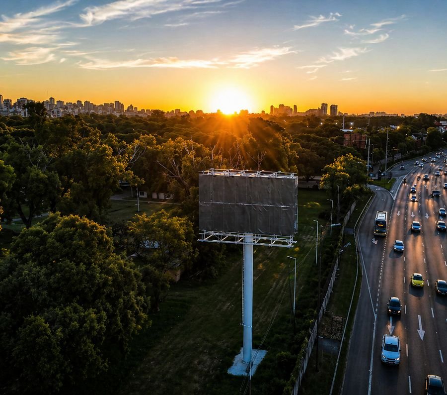 Estructura de NVOOH sobre la Av. General Paz, al atardecer, vista con dron